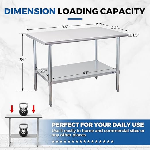Profeeshaw Stainless Steel Prep Table 48x30 Inch NSF Commercial Work Table - Image 2