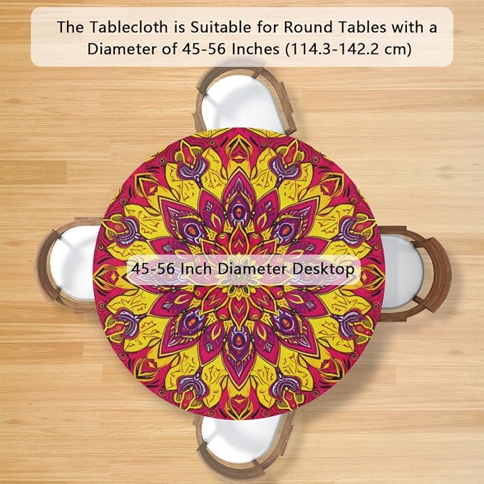 Floral Mandala Vintage Round Table Cloth Cover, Elastic Edge Waterproof - Image 2