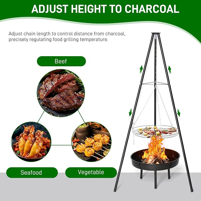 Outvita Campfire Tripod Grill, Adjustable Height BBQ Grill Grate - Image 5