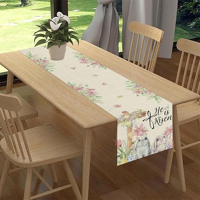 Easter Bunny Rabbits Table Runner, Boho Floral Cross Rabbits Easter Eggs Spring - Image 3