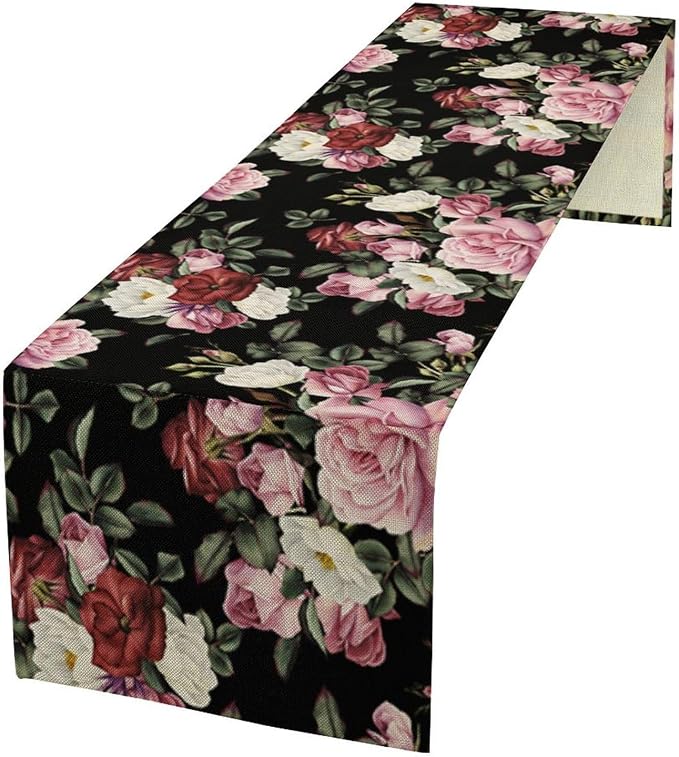 Gothic Floral Table Runner, Vintage Pink Red Rose Flower Print Table Runner by Unknown