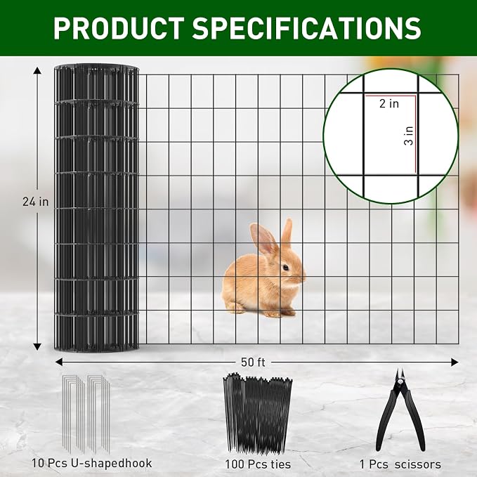 Black PVC Coated Welded Wire Fence 24 Inch x 50 Foot, 2 x 3 Inch 16GA Garden - Image 2
