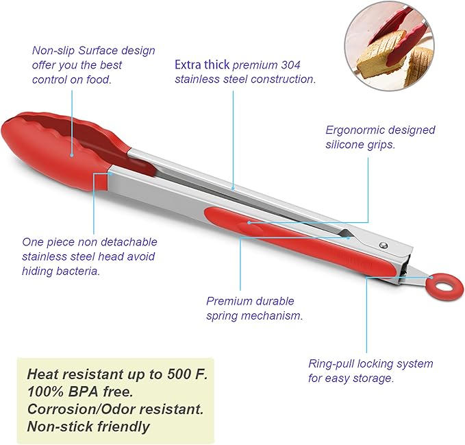 Tongs 4-Pack in Red with Locking Clip, Heat Resistant to 500°F