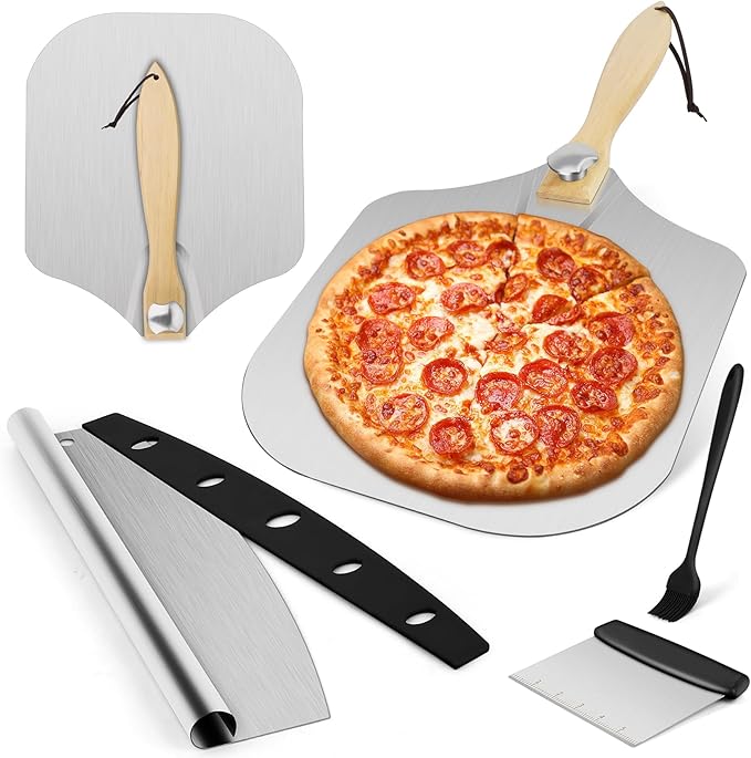 Pizza Peel 12x14 Inch Aluminum with Adjustable Handle and Rocker Cutter