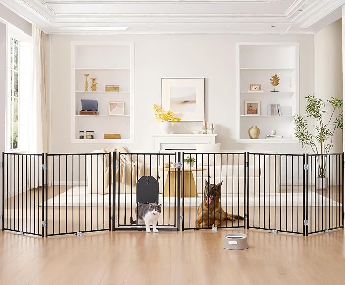 No Pawblems Dog Gate with Cat Door, Free Standing 30'' Tall Foldable Dog Fence by NoPawblems