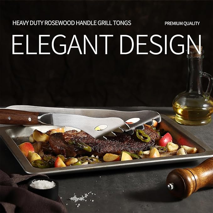 GRILLGEN Heavy Duty Rosewood Handle BBQ Grill Tongs, 16.73" Long Premium BBQ - Image 3