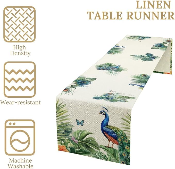 Peacock Table Runner, Traditional Chinese Style Peacock Feather Bird Floral - Image 4