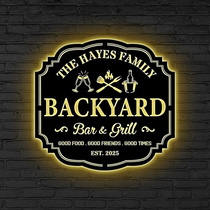 Custom Backyard Bar & Grill LED Sign – Personalized BBQ Sign, Barbecue Custom by V-Decorparks