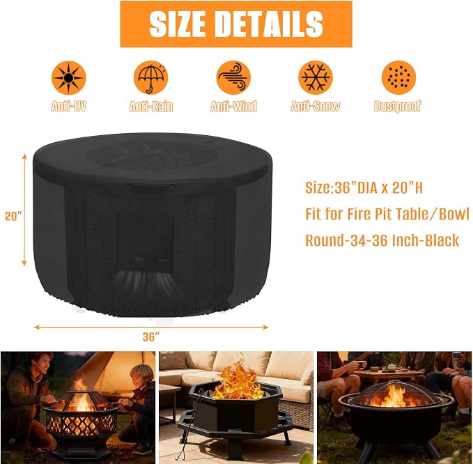 Kovshuiwe Round Gas Fire Pit Cover-600D Fabric Waterproof and Resistant - Image 2