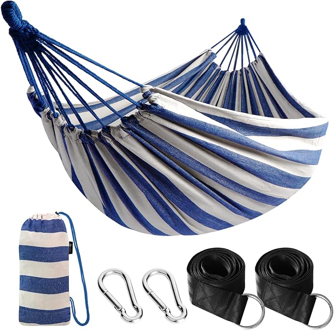 Hammock: Blue/White Cotton, Anti-Rollover Design, 660 lb Capacity