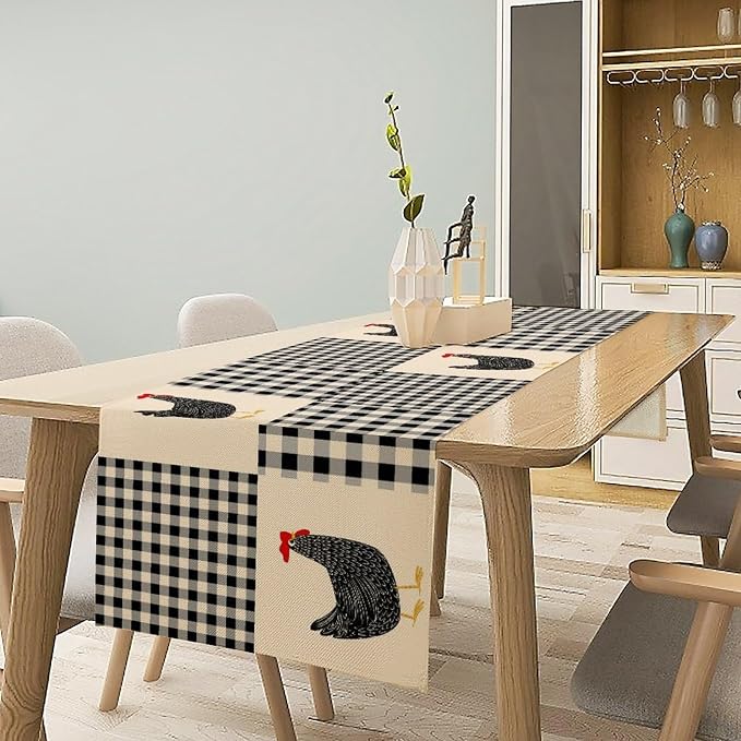 Farm Animal Table Runner, Chicken Hen Black White Buffalo Plaid Check Farmhouse - Image 3