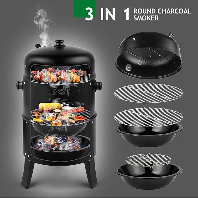 3-in-1 Vertical Charcoal Smoker Grill - Image 2