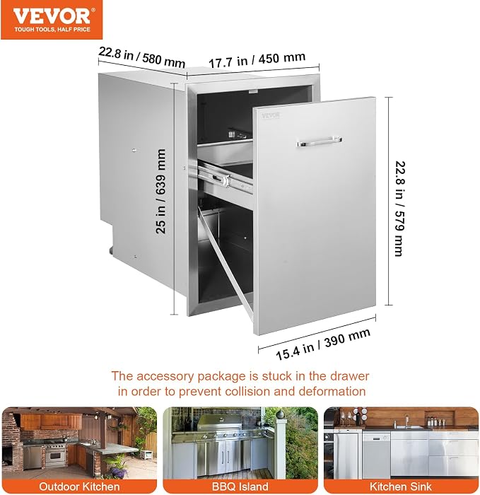 VEVOR Outdoor Kitchen Trash Drawer 17.7W x 25H x 22.8D Inch, Stainless Steel - Image 3