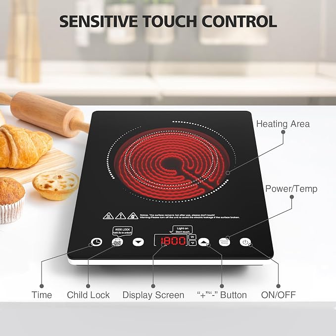 Single Burner Electric Cooktop, 1800W Electric Stove Top Portable, Infrared Hot - Image 2