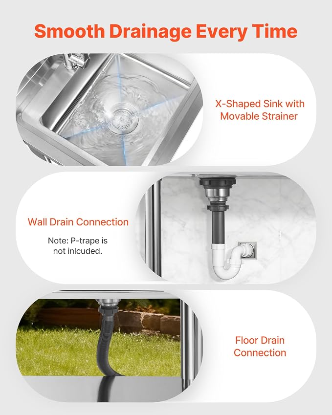 VEVOR Stainless Steel Utility Sink, Free Standing Single Bowl Commercial - Image 5