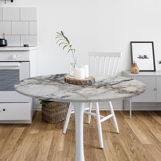Natural Marble Texture Round Table Cloth Cover, Elastic Edge Waterproof - Image 6