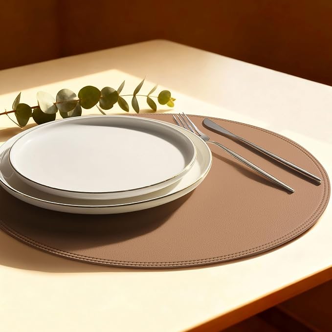 Round Vinyl Pink Placemats Set of 6, Faux Leather Waterproof Wipeable Heat by Rinpon