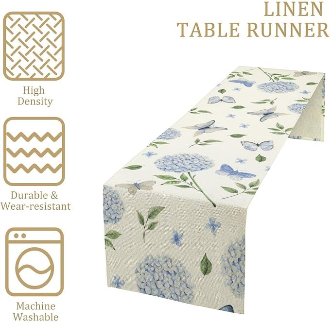 Spring Hydrangea Table Runner, Summer Moth Watercolor Sky Blue Butterfly - Image 4