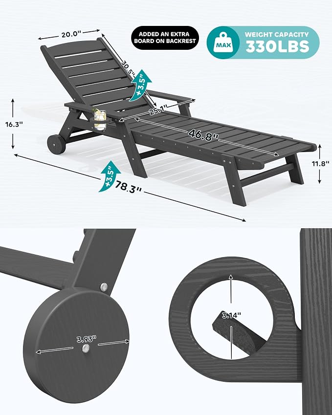SERWALL Patio Chaise Lounge Chair, Poly Lounge Chair - Image 2
