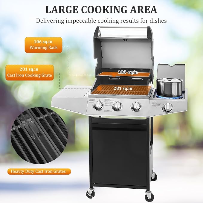 Unovivy 3-Burner Propane Gas BBQ Grill - Image 2