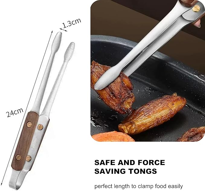Tongs, 9.5-Inch Stainless Steel Cooking Tongs with Wooden Handle