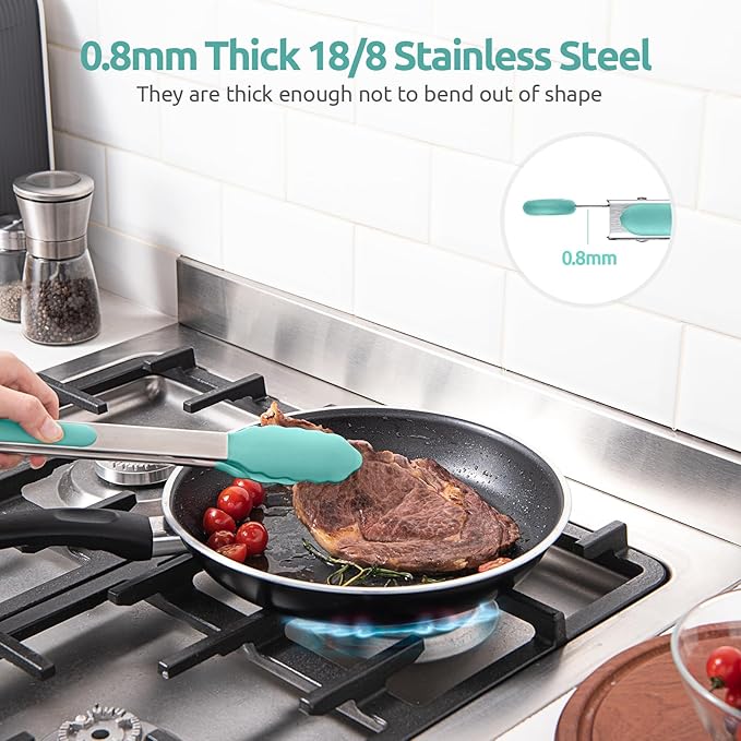Tongs with Silicone Tips and Lock, 18/8 Stainless Steel, Aqua Sky