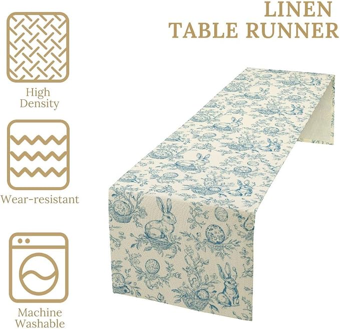 Easter Table Runner, Vintage Blue Beige Bunny Rabbit Easter Eggs Floral Spring - Image 4