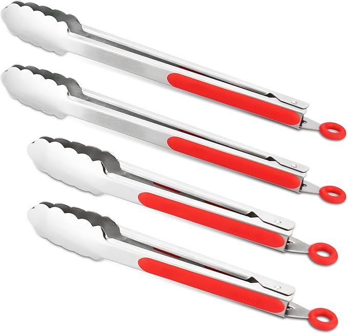 Kitchen Tongs, 304 Stainless Steel with Locking Clip in Red
