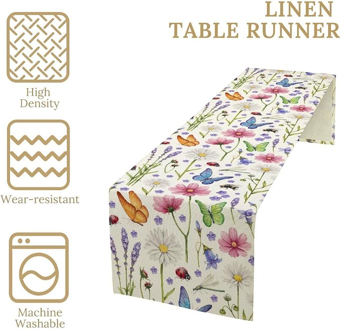 Flower Floral Table Runner, Butterfly Wildflowers Daisy Spring Summer Rustic - Image 6
