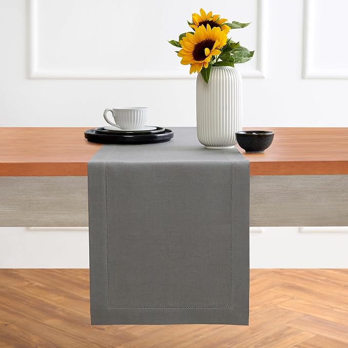 Solino Home Linen Steel Gray Hemstitch Table Runner 36 Inches by SolinoHome