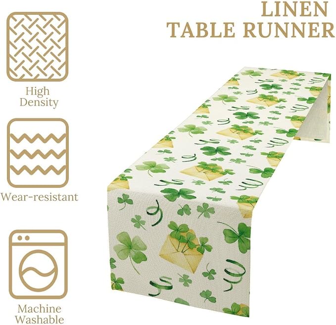 Clover Table Runner, Retro Rustic Green Shamrock Yellow Envelope Spring - Image 4