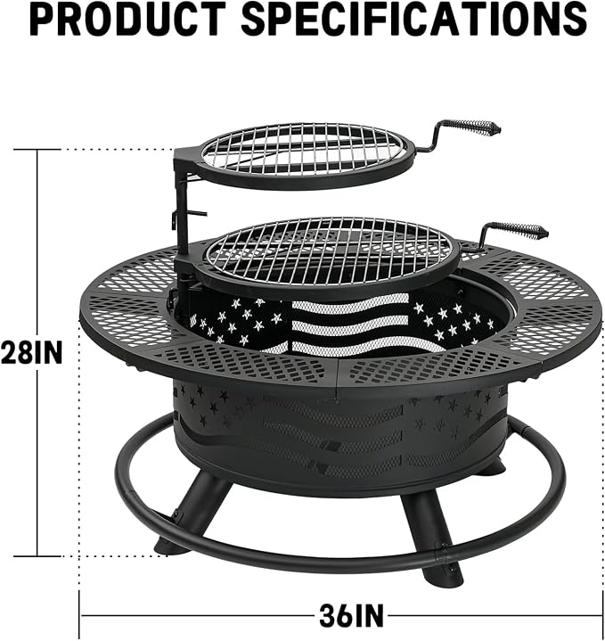 36 Inch Fire Pit with 2 Cooking Grates, Outdoor Wood Burning BBQ Grill Firepit - Image 6