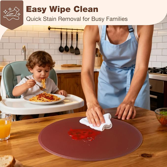 Round Vinyl Burgundy Placemats Set of 6, Faux Leather Waterproof Wipeable Heat - Image 3