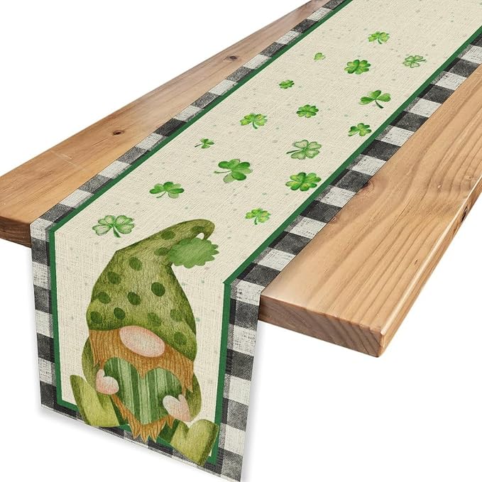 St.Patrick's Day Table Runner, Vintage Black White Plaid Green Polka Dot Gnome - Image 6