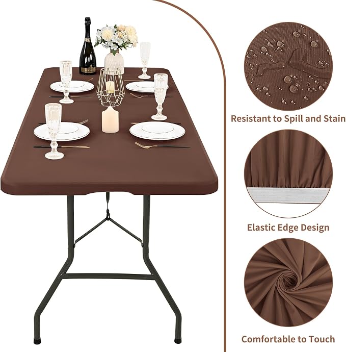 10 Pack Fitted Tablecloth for 6 Foot Rectangle Tables, Coffee Elastic Outdoor - Image 3