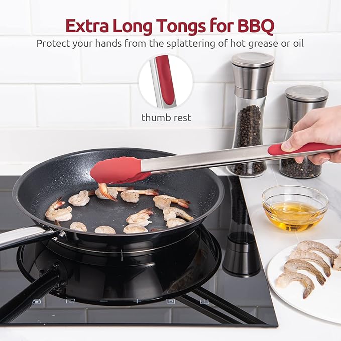 Tongs, 16-Inch Red Locking Grill Tongs with Silicone Tips