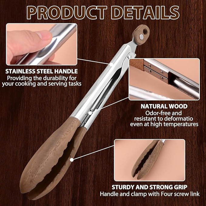 Food Tongs Set of 2 with Walnut Wood Tips, 10 and 13.5 Inch