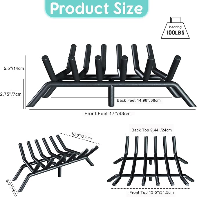 17-Inch Fireplace Grate, Heavy Duty 6-Bar Log Rack Holder Made of Solid Round - Image 2