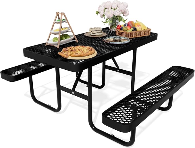 4FT Rectangular Steel Outdoor Picnic Table, Commercial Black Picnic Table Bench by HIMcup