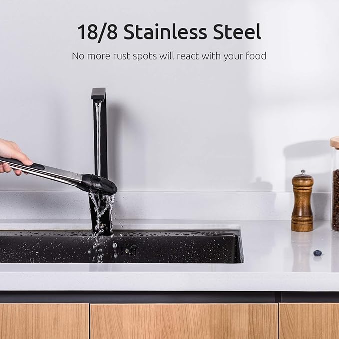 Tongs with Stainless Steel Handles and Silicone Tips, 7 to 12 Inch, Black