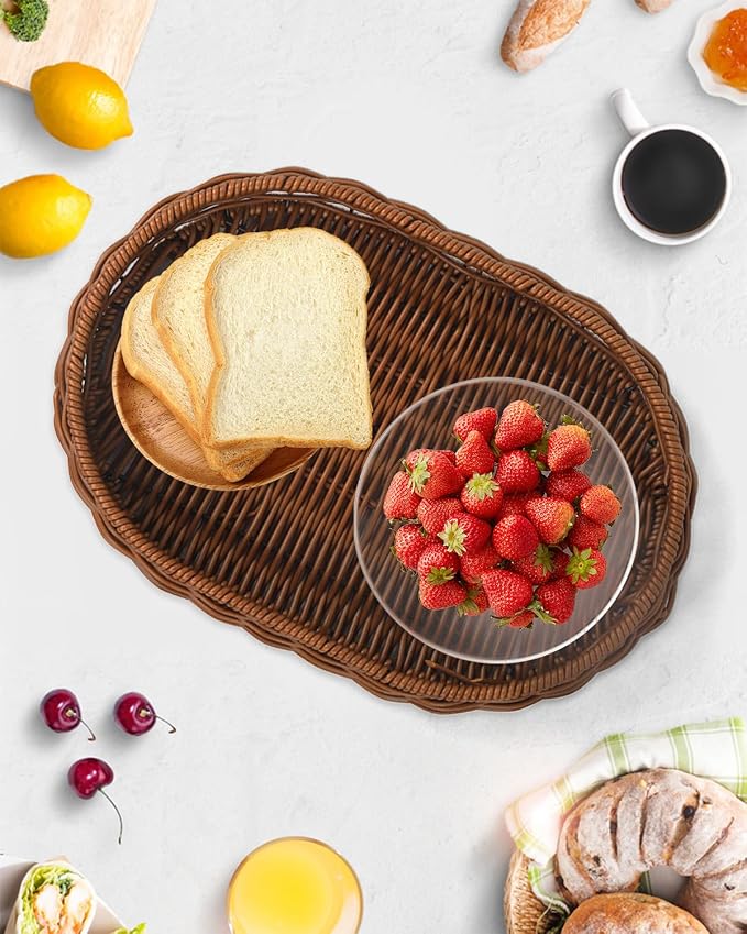 Woven Bread Basket, 3 Pack Wicker Fruit Baskets Rattan Bread Basket Poly Wicker - Image 7