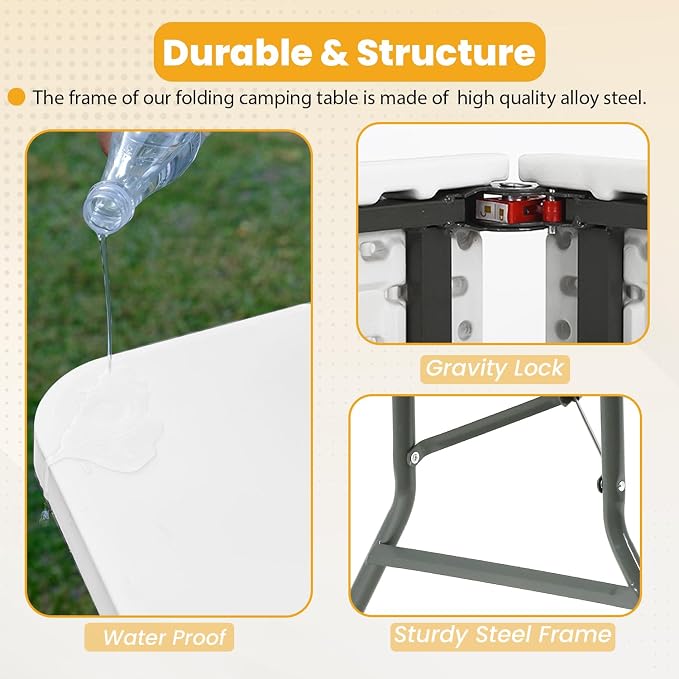 FDW 6FT Folding Table, Portable Fold-in-Half Plastic Picnic Party Table - Image 6