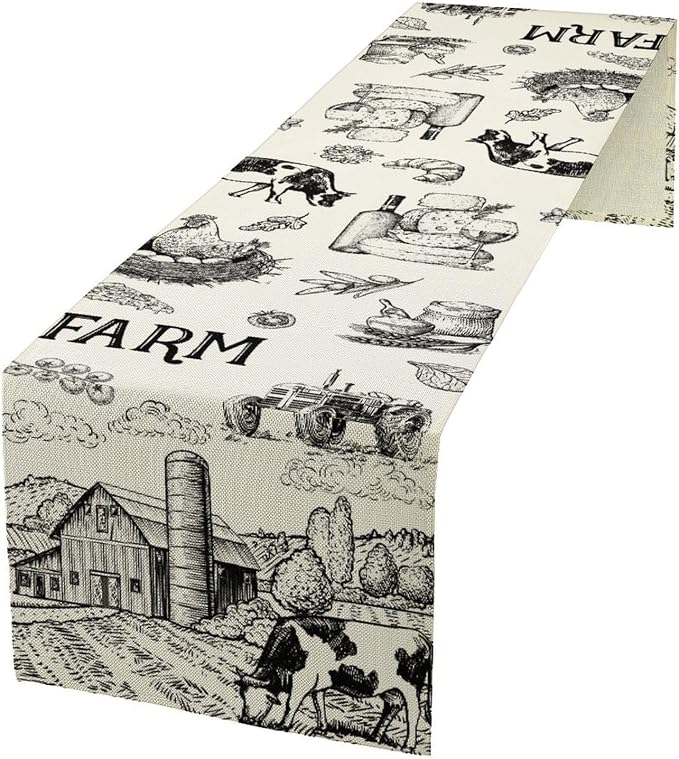 Milk Farm Table Runner, Rustic Farmhouse Animals Fresh Eggs Bread Vegetables by JanJCurt