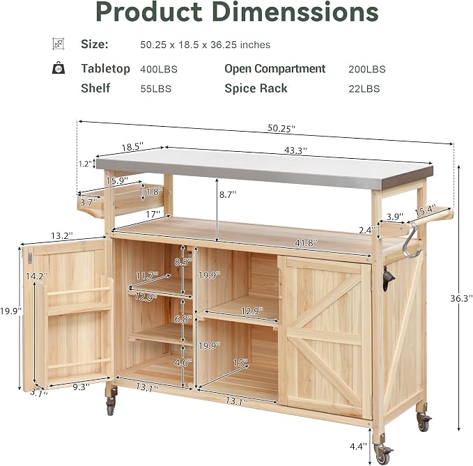 50.25" W Grill Cart with Stainless Steel Tabletop - Image 8