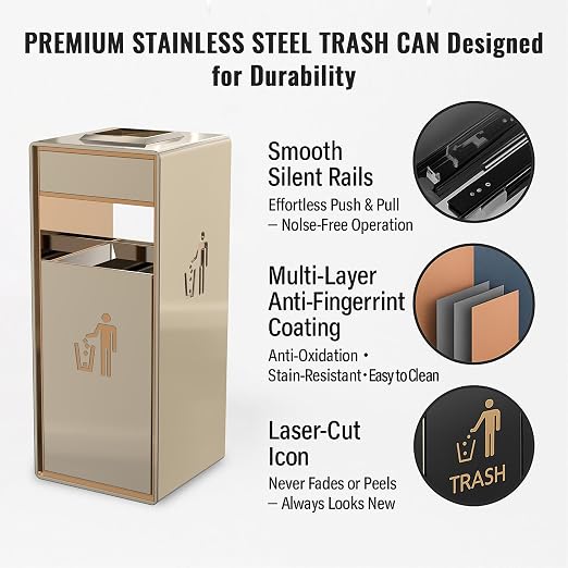 Stainless Steel Gold Commercial Trash Can, Heavy Duty Brushed Finish Garbage Bin - Image 6