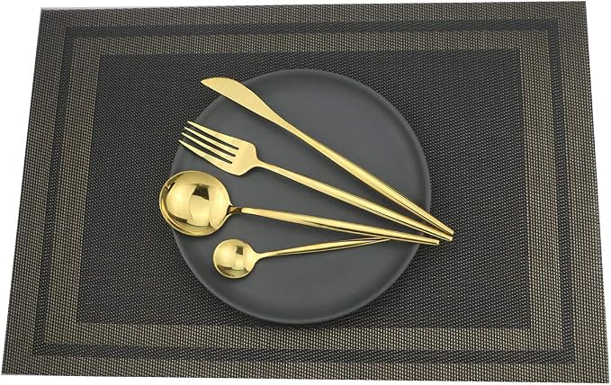 Gugrida Placemats Set of 6 Plaid Checkered Black & Gold PVC Placemat - Image 2