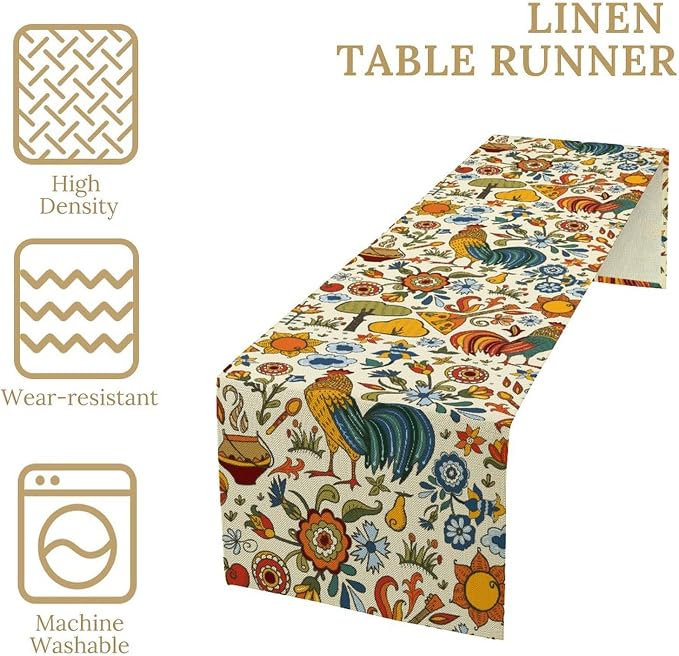 Farm Animal Table Runner, Boho Folk Style Country Rustic Farmhouse Rooster - Image 4