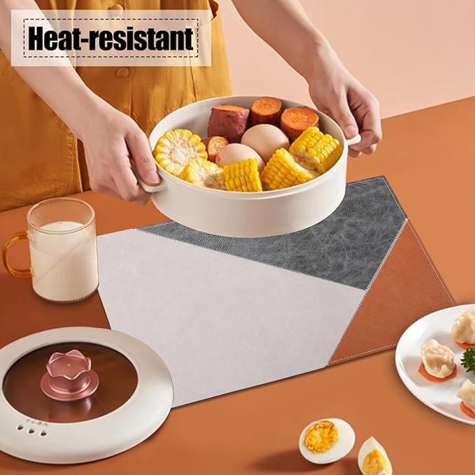 PU Placemats Set of 6 Wipeable, Geometric Pattern Faux Leather Placemat - Image 2