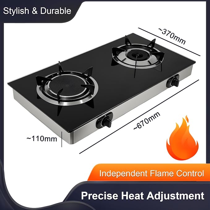 2 Burner Propane Gas Stove, 20472 BTU/h Portable Tempered Glass Camping Stove - Image 2