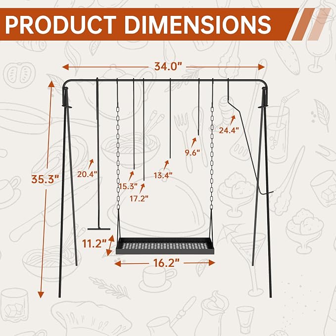 Campfire Swing Grill with Adjustable Grill Cooking Rack, Camp Fire Cooking - Image 2